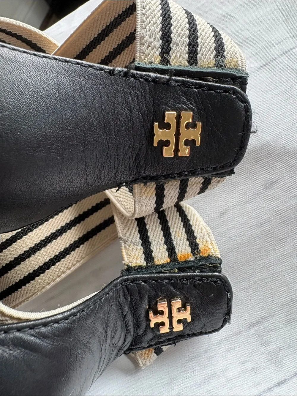 Tory Burch Frieda Black and White Striped Espadrille Wedge Sandals